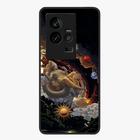 Galactic Divine God Glass Case showing flat back view with divine cosmic themed artwork and glossy glass finish.