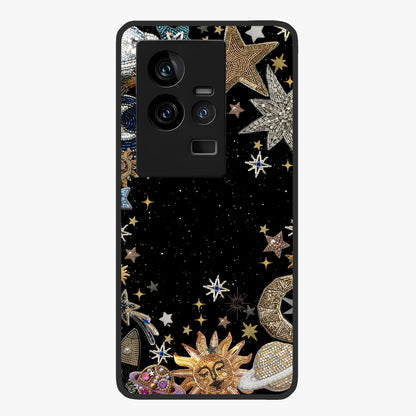 Galactic Jewel Stars Glass Case showing flat back view with sparkling star jewel artwork and glossy glass finish.