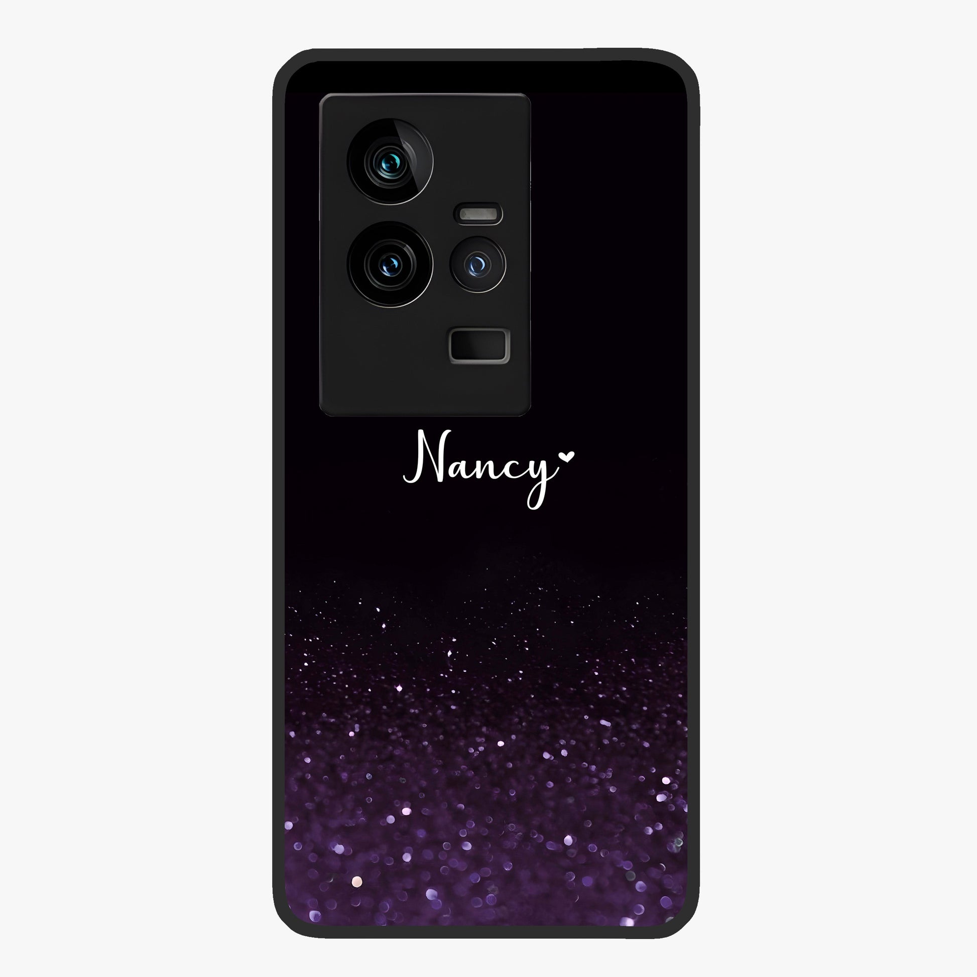 Glittery Purple Bokeh Custom Name Glass Case showing flat back view with purple bokeh sparkle artwork and personalized name design.