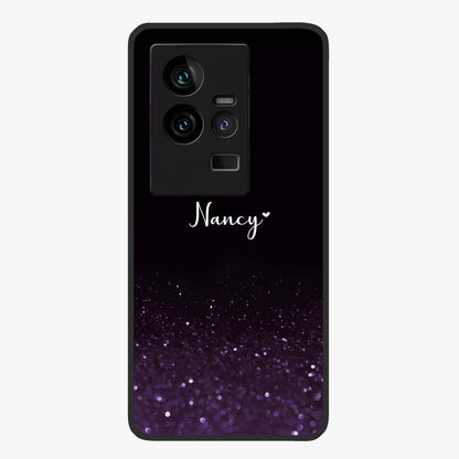 Glittery Purple Bokeh Custom Name Glass Case showing flat back view with purple bokeh sparkle artwork and personalized name design.