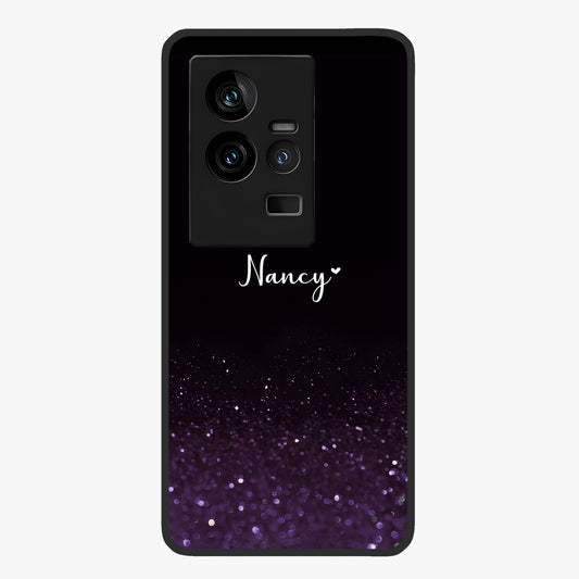 Glittery Purple Bokeh Custom Name Glass Case showing flat back view with purple bokeh sparkle artwork and personalized name design.