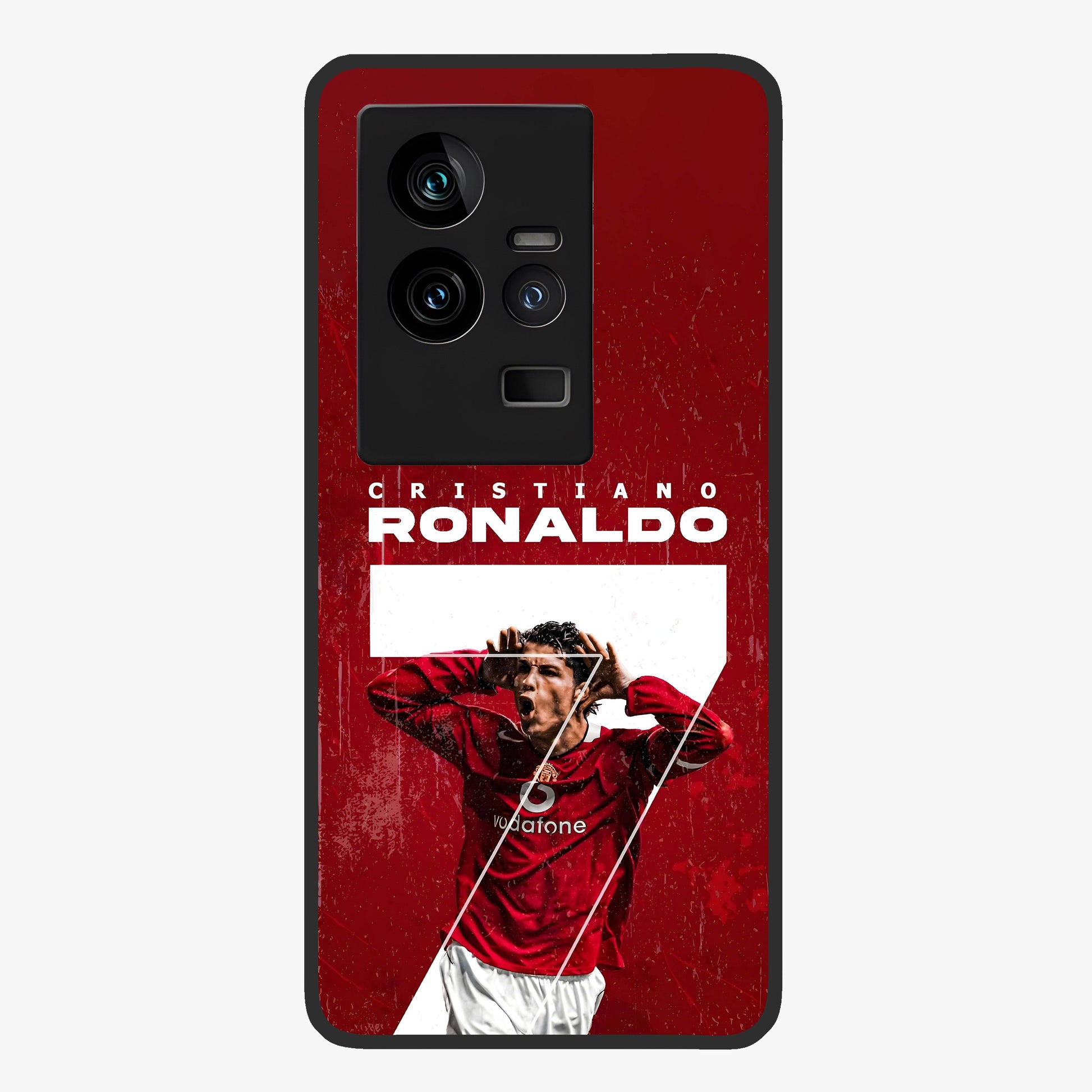 Goal Celebration Legacy Glass Case showing flat back view with football celebration inspired artwork and glossy glass finish.