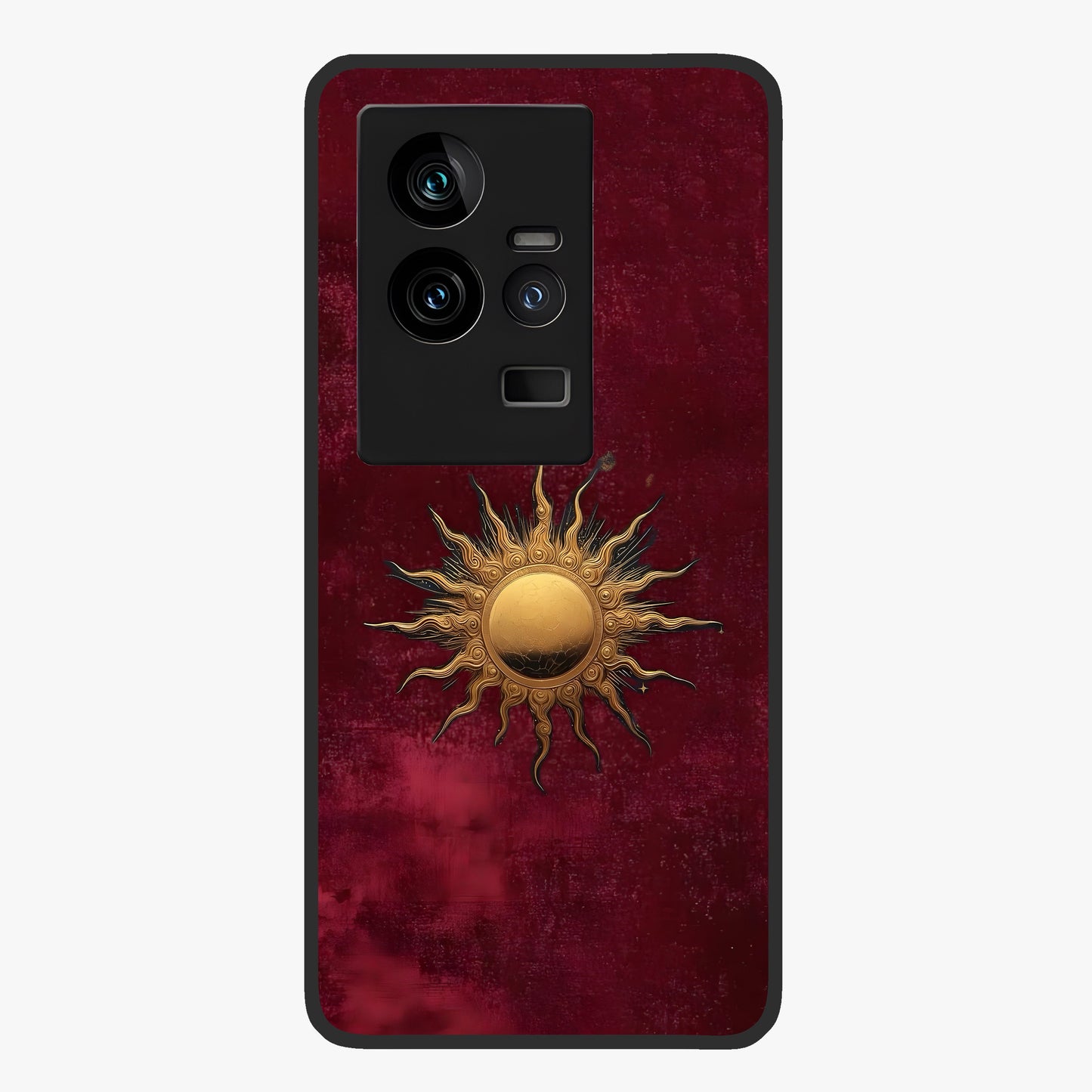 Gold Sun Blush Glass Case showing flat back view with golden sun inspired artwork and glossy glass finish.