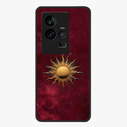 Gold Sun Blush Glass Case showing flat back view with golden sun inspired artwork and glossy glass finish.