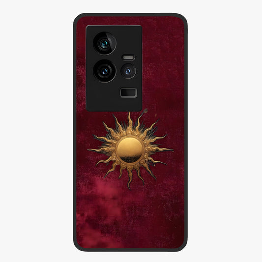 Gold Sun Blush Glass Case showing flat back view with golden sun inspired artwork and glossy glass finish.