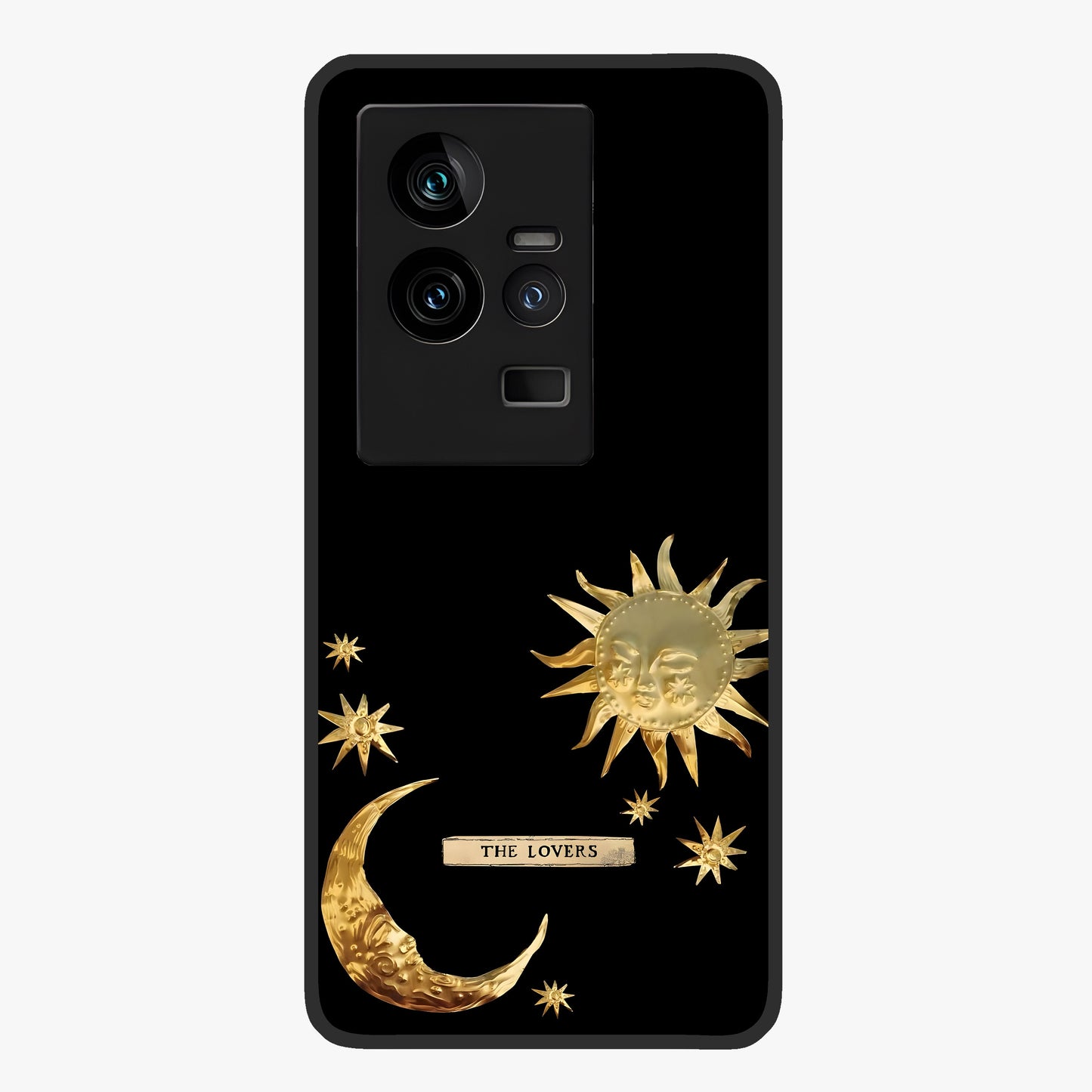 Golden Celestial Charm Glass Case showing flat back view with golden celestial charm artwork and glossy glass finish.