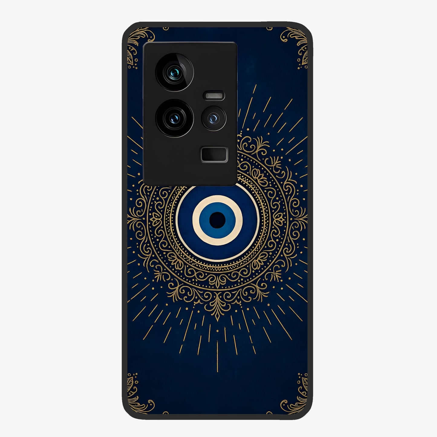 Golden Evil Eye Mandala Glass Case showing flat back view with intricate evil eye mandala artwork and glossy glass finish.