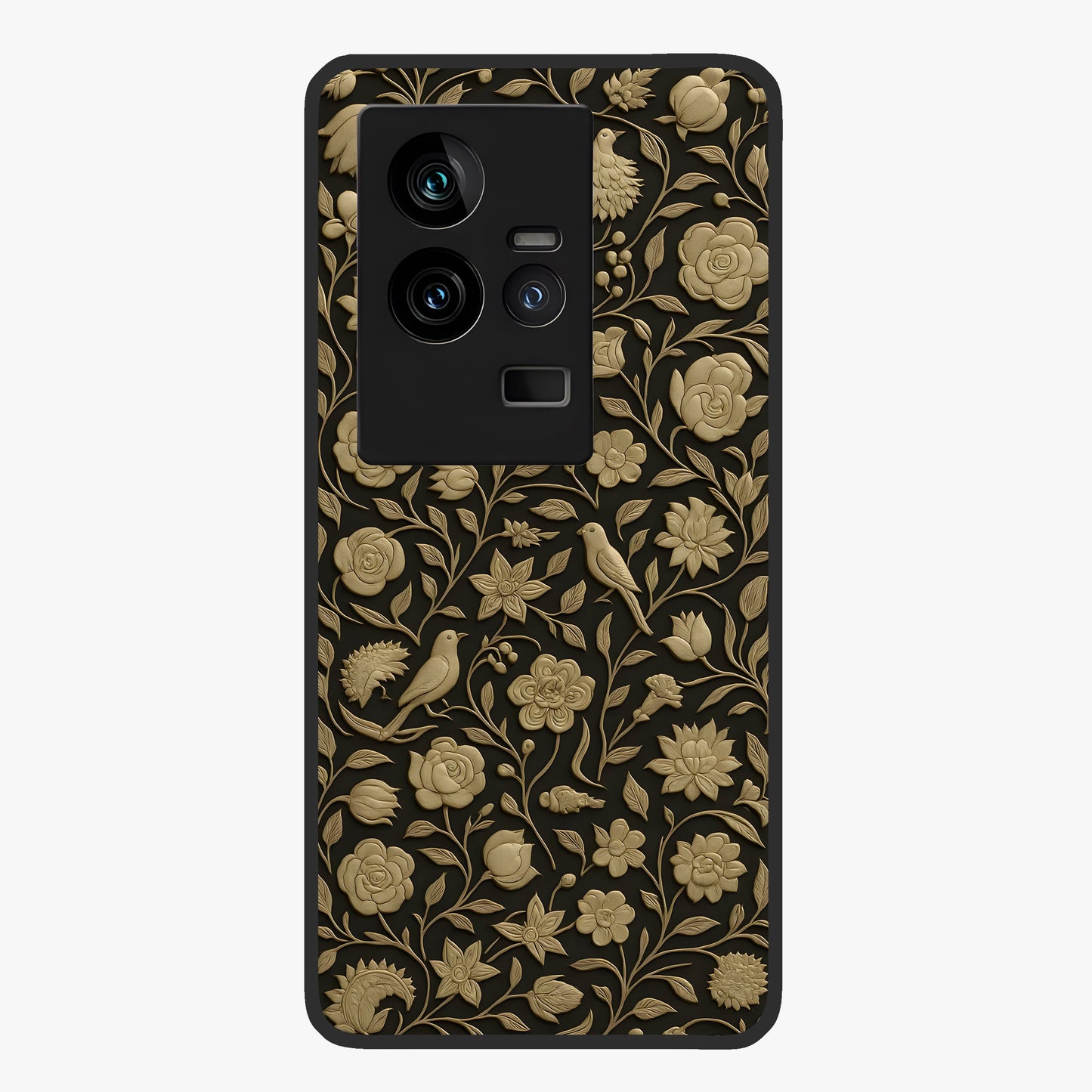 Golden Floral Majesty Glass Case showing flat back view with luxurious golden floral artwork and glossy glass finish.