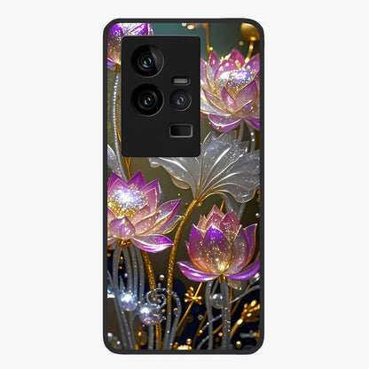 Golden Lotus Glow Glass Case showing flat back view with glowing lotus flower artwork and glossy glass finish.