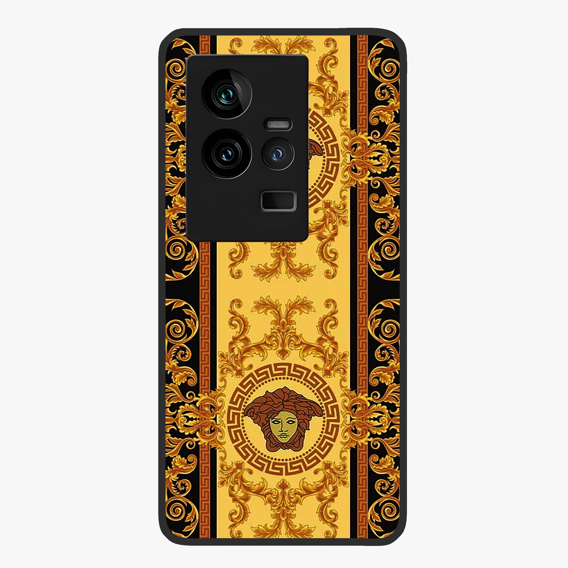 Golden Royal Heritage Glass Case showing flat back view with ornate royal pattern artwork and glossy glass finish.