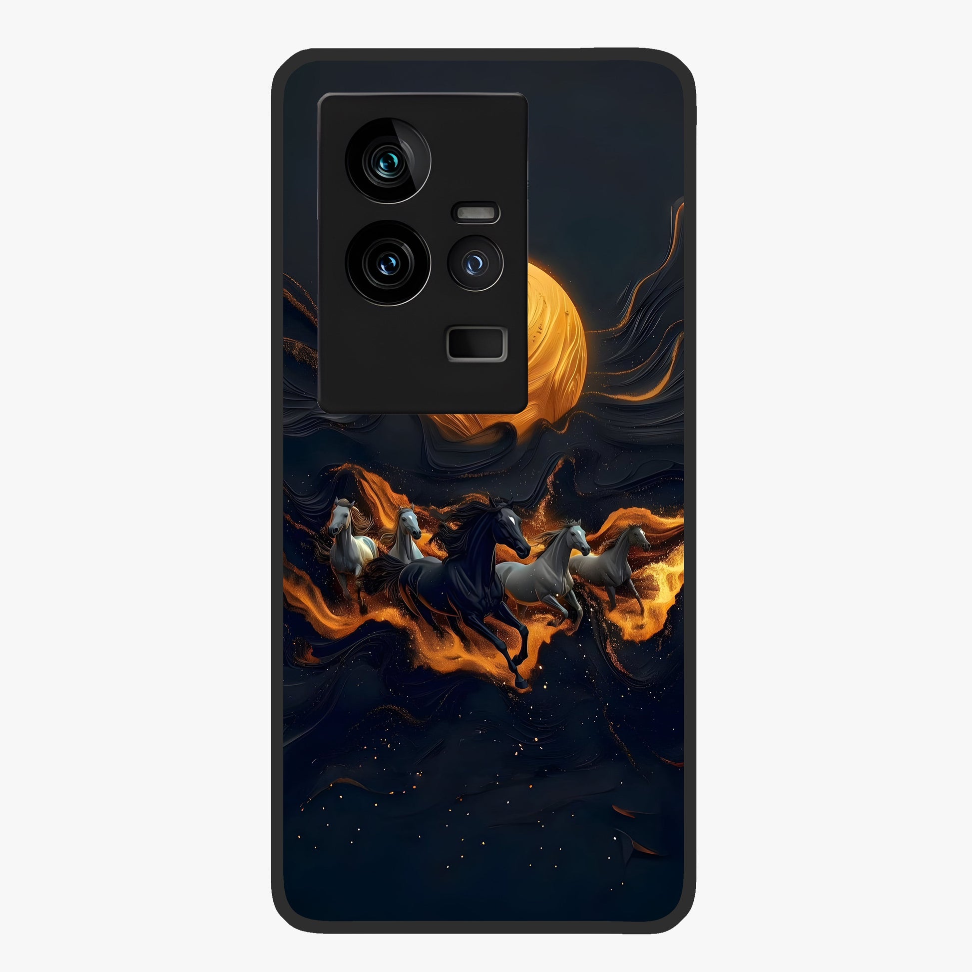 Golden Stallion Moonride Glass Case showing flat back view with majestic horse under moonlight artwork and glossy glass finish.