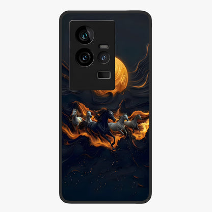 Golden Stallion Moonride Glass Case showing flat back view with majestic horse under moonlight artwork and glossy glass finish.