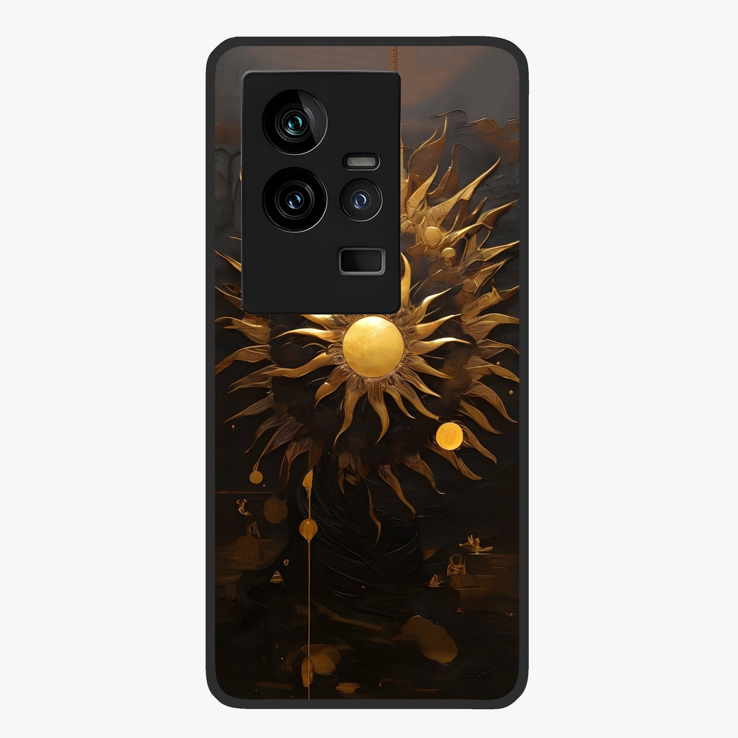 Golden Sun Majesty Glass Case showing flat back view with radiant golden sun artwork and glossy glass finish.