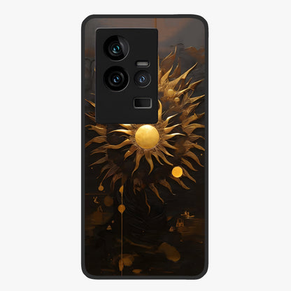 Golden Sun Majesty Glass Case showing flat back view with radiant golden sun artwork and glossy glass finish.