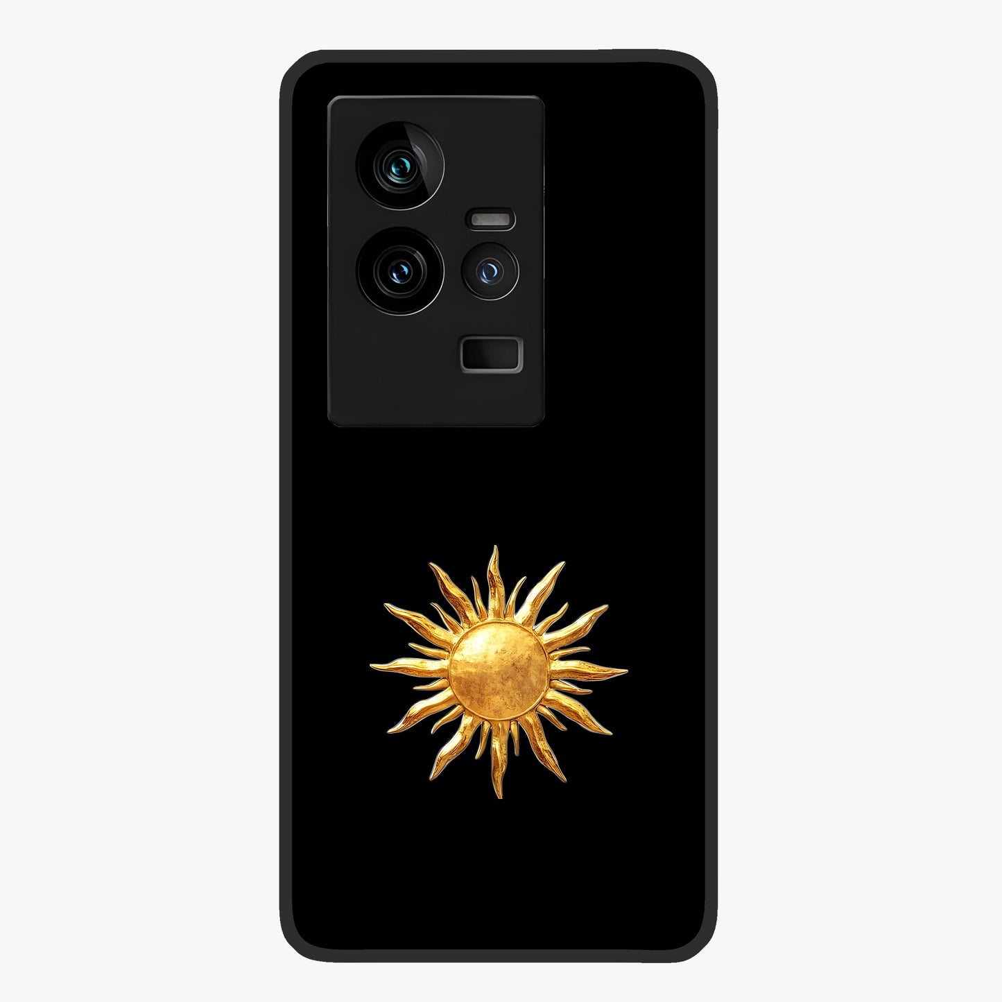 Golden Sun Minimalism Glass Case showing flat back view with minimal golden sun artwork and glossy glass finish.