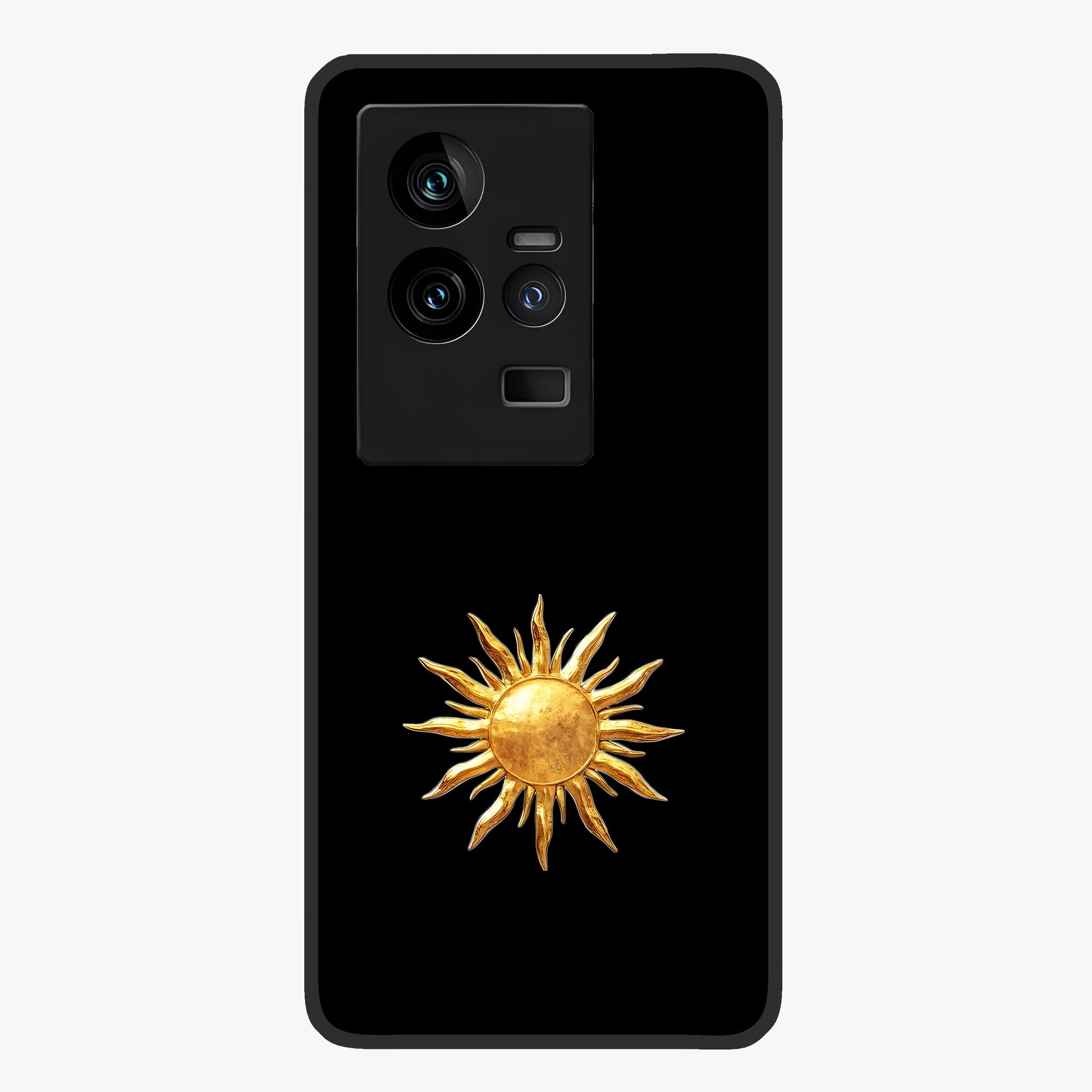 Golden Sun Minimalism Glass Case showing flat back view with minimal golden sun artwork and glossy glass finish.