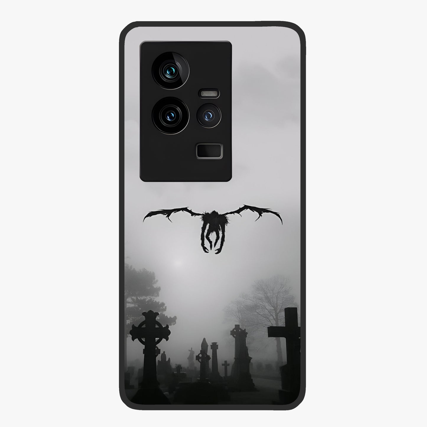 Graveyard Shadow Descent Glass Case showing flat back view with dark graveyard themed artwork and glossy glass finish.