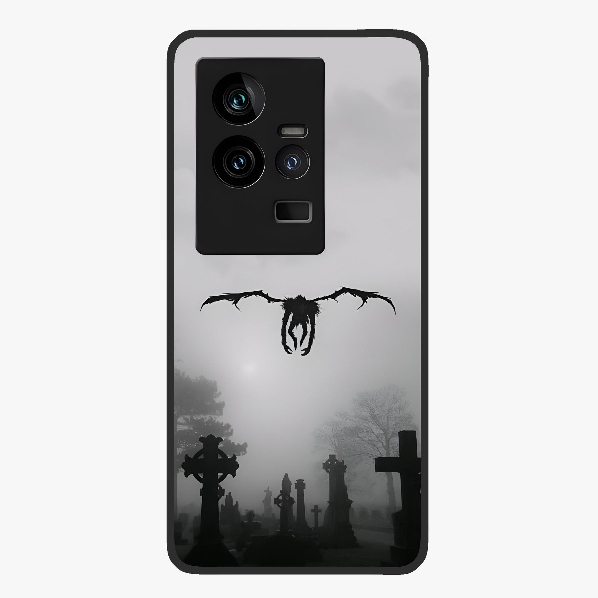 Graveyard Shadow Descent Glass Case showing flat back view with dark graveyard themed artwork and glossy glass finish.