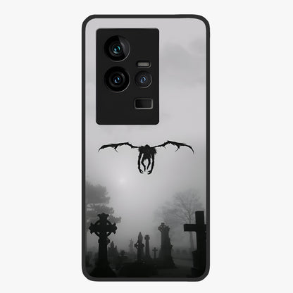 Graveyard Shadow Descent Glass Case showing flat back view with dark graveyard themed artwork and glossy glass finish.
