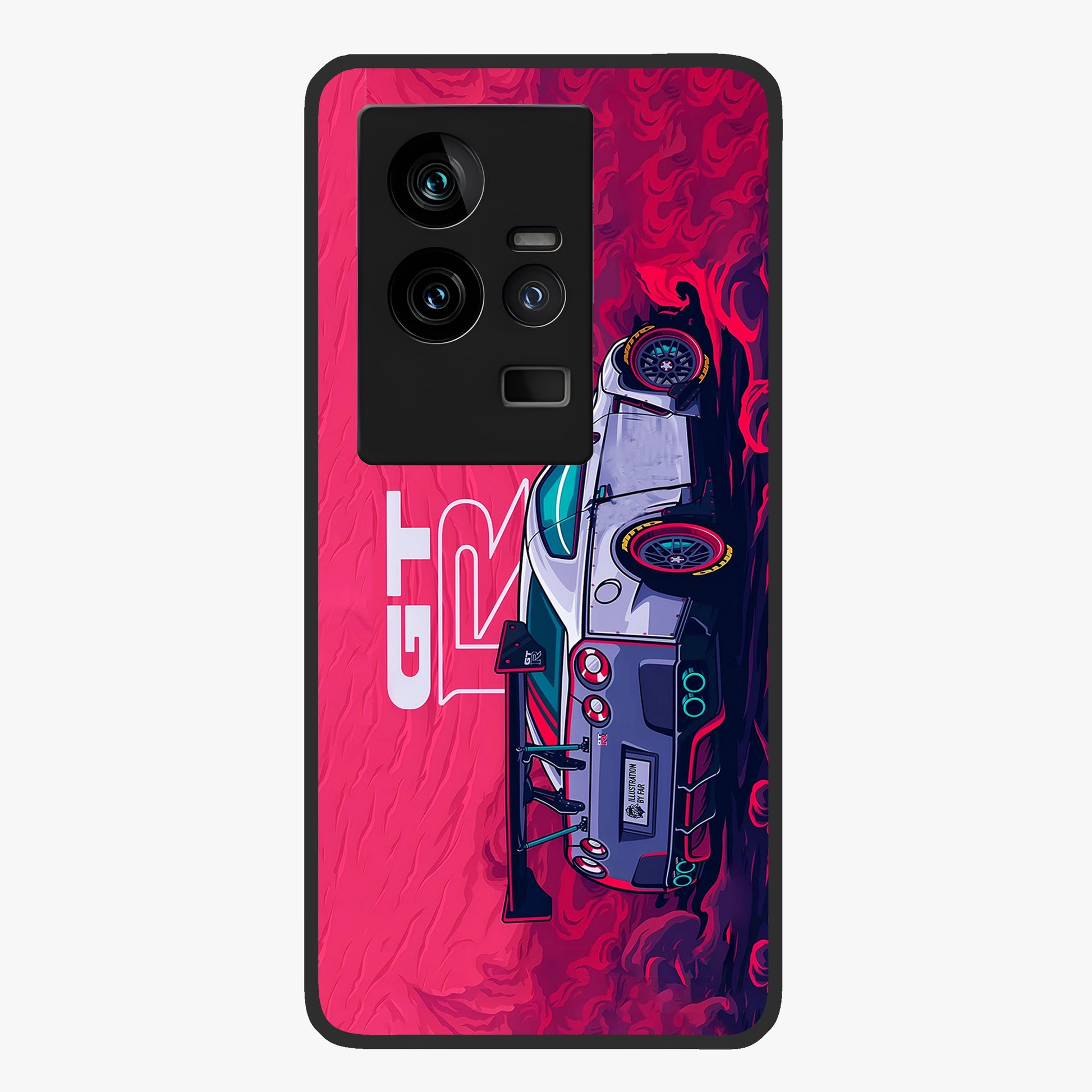 GT-R Car Pattern Glass Case showing flat back view with sporty car inspired pattern artwork and glossy glass finish.