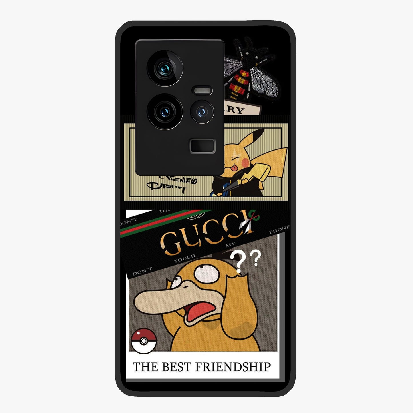Gucci Play Mashup Glass Case showing flat back view with luxury inspired graphic artwork and glossy glass finish.