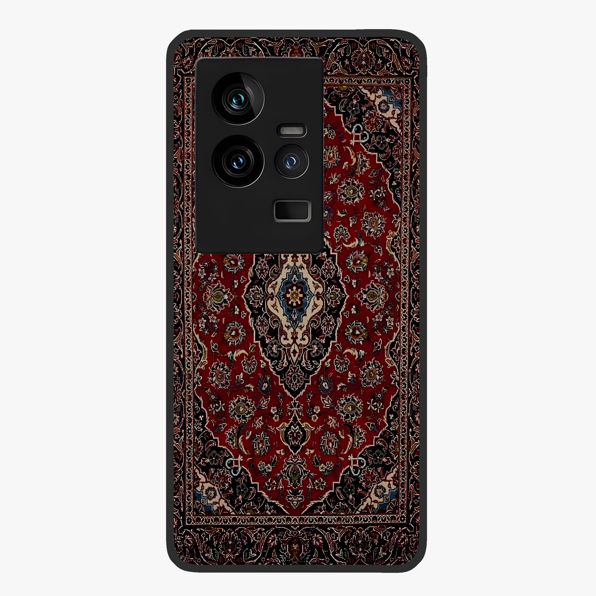 Heritage Carpet Royale Glass Case showing flat back view with ornate Persian carpet inspired pattern and glossy glass finish.