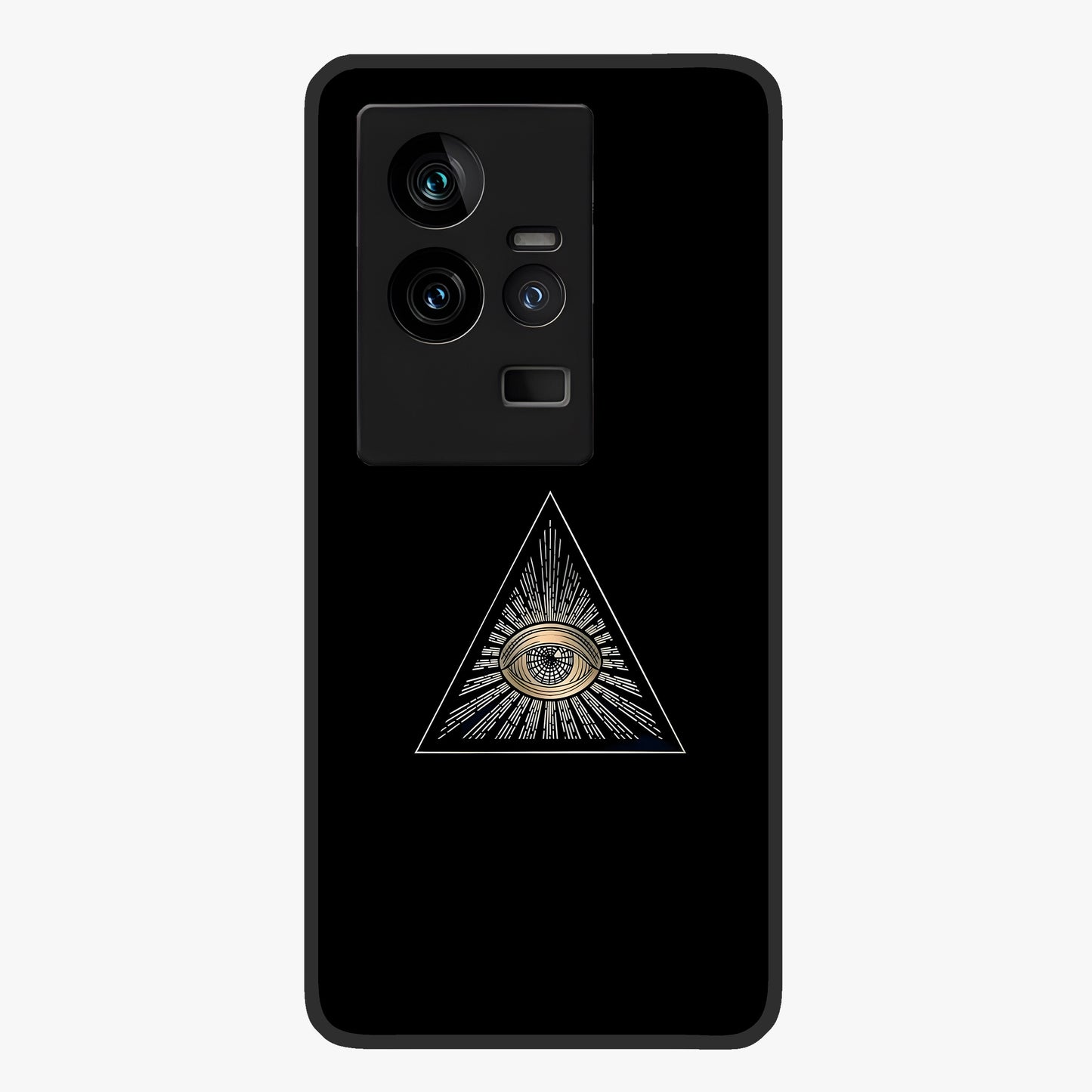 Illuminati Evil Glass Case showing flat back view with mysterious illuminati symbol artwork and glossy glass finish.