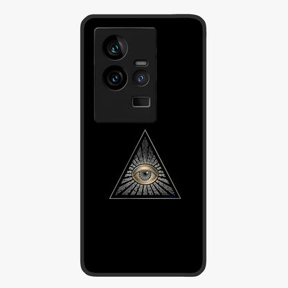 Illuminati Evil Glass Case showing flat back view with mysterious illuminati symbol artwork and glossy glass finish.