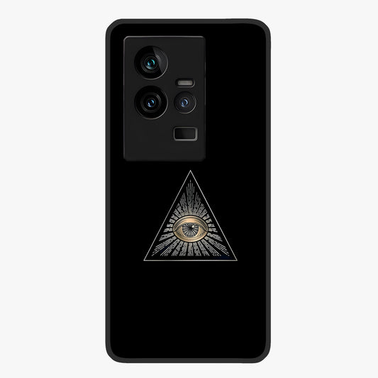 Illuminati Evil Glass Case showing flat back view with mysterious illuminati symbol artwork and glossy glass finish.