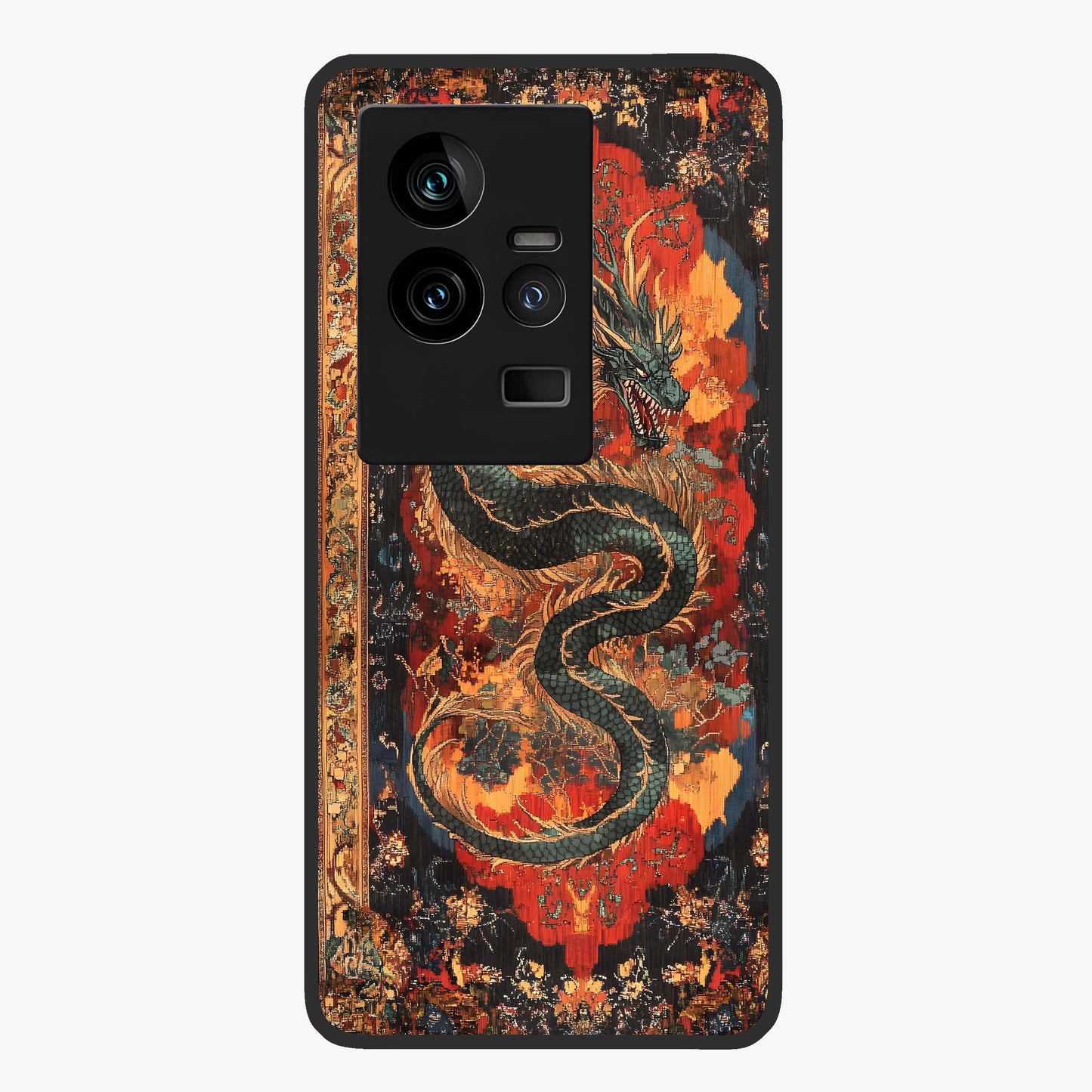 Inferno Dragon Soul Glass Case showing flat back view with fiery dragon artwork and glossy glass finish.