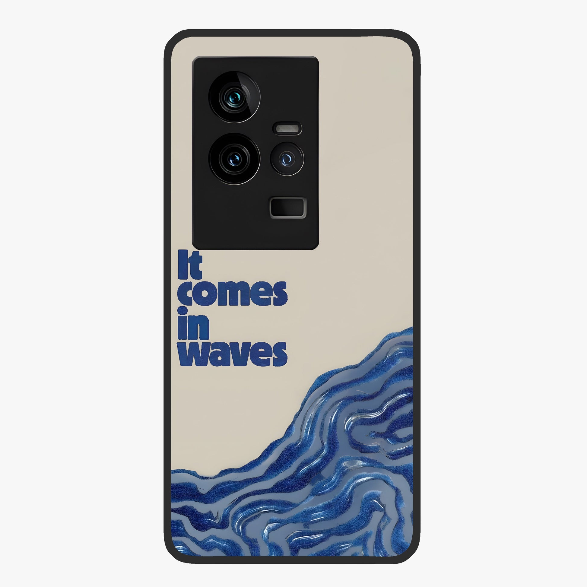 It Comes In Waves Quote Glass Case showing flat back view with inspirational wave themed quote artwork and glossy glass finish.