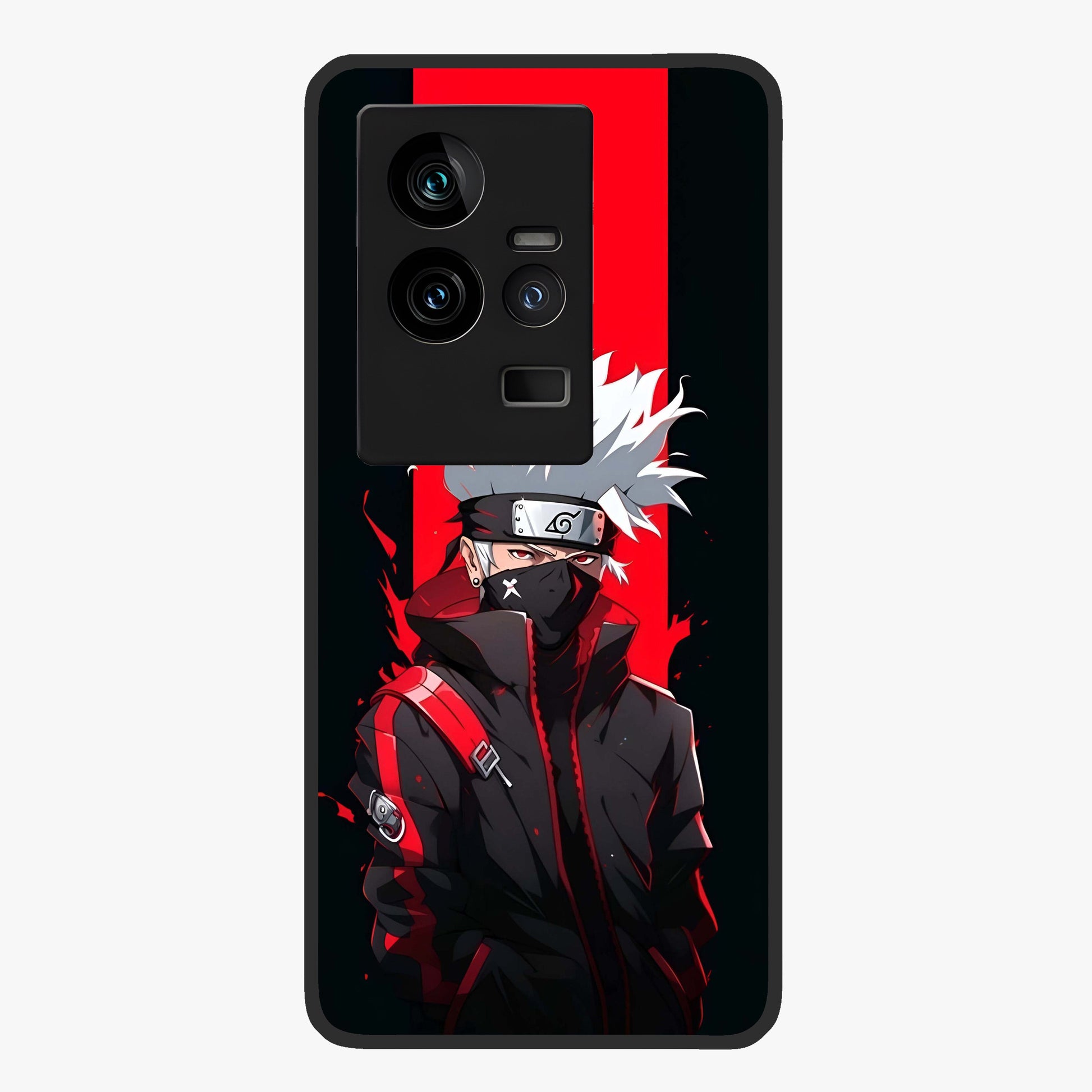 Kakashi Scarlet Shadow Glass Case showing flat back view with powerful anime ninja artwork and glossy glass finish.