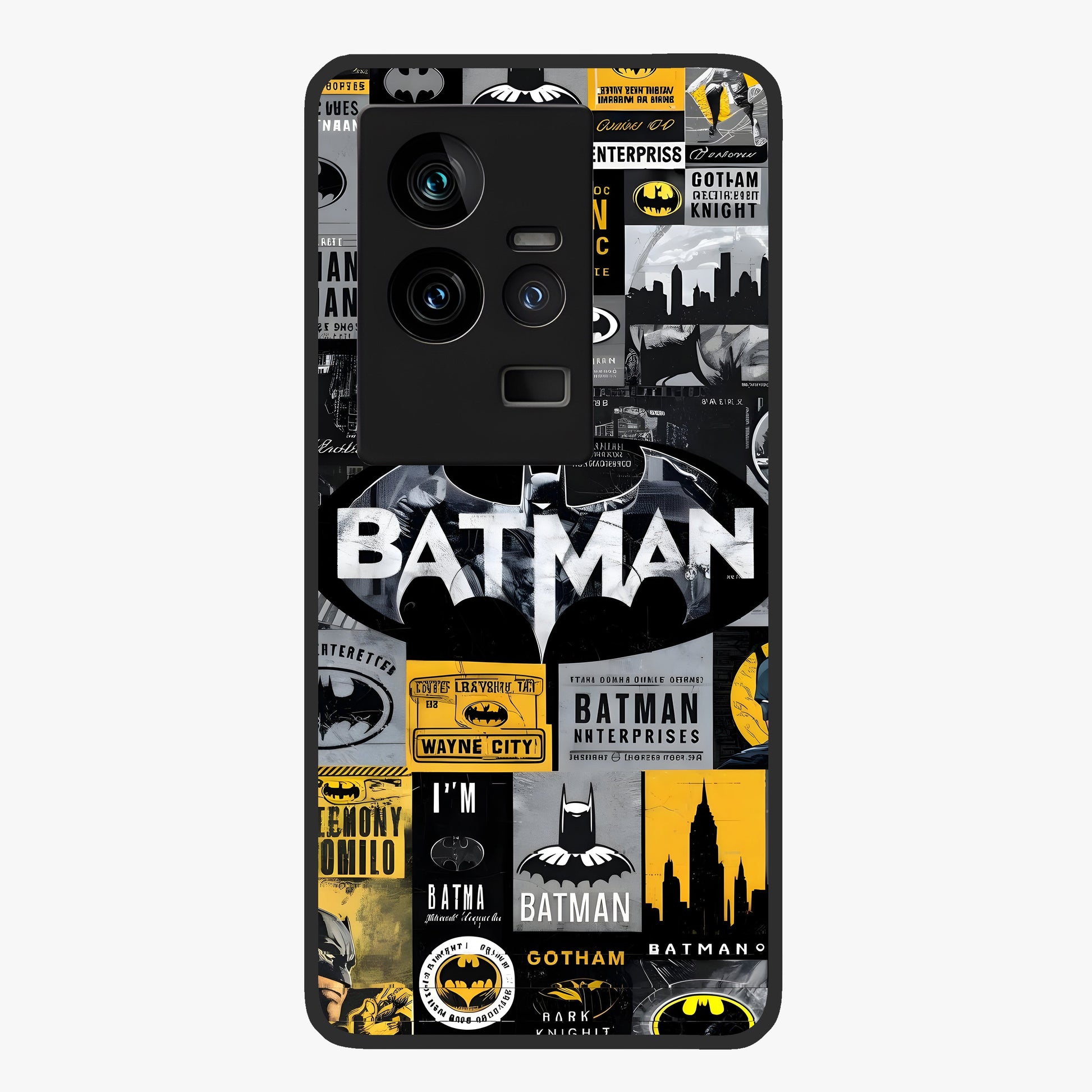 Knight Gotham Rise Glass Case showing flat back view with dark hero inspired artwork and glossy glass finish.