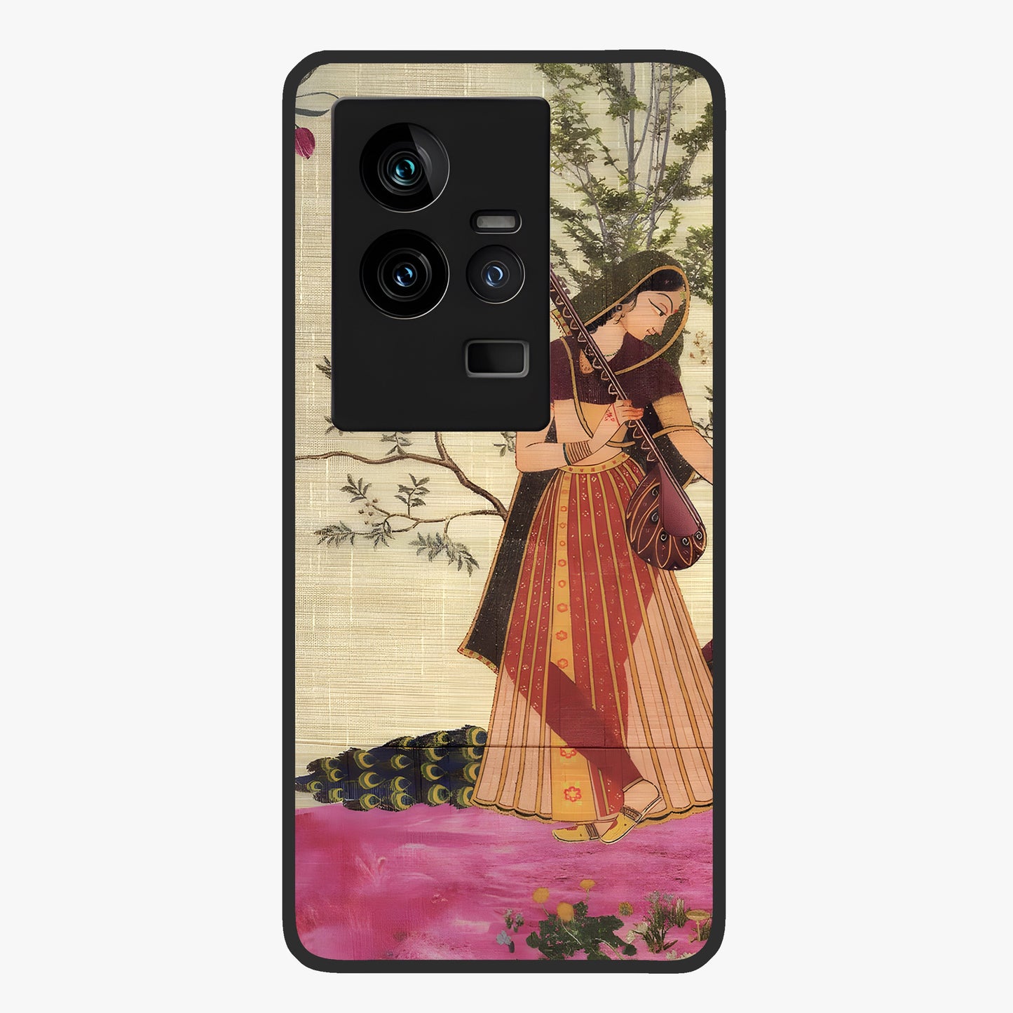 Lady With Veena Art Glass Case showing flat back view with elegant woman playing veena artwork and glossy glass finish.