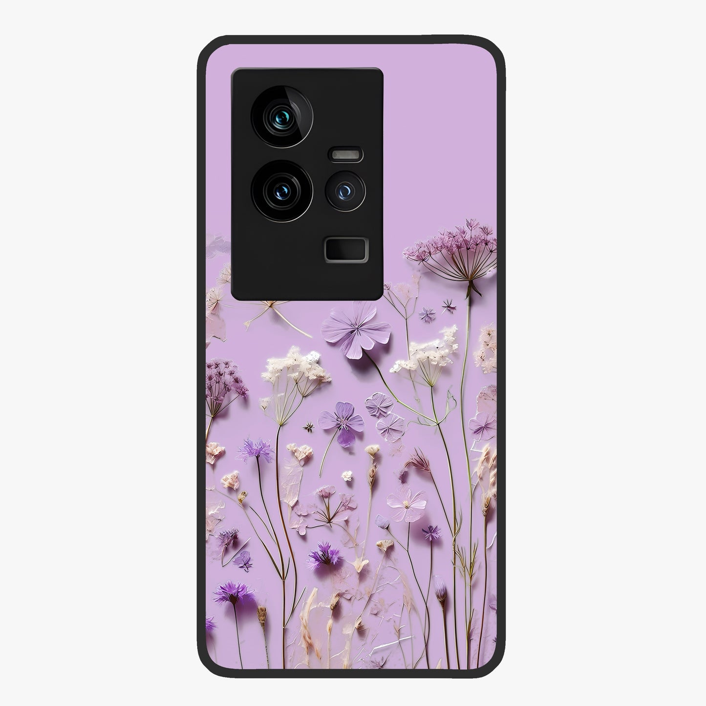 Lavender Blossom Dream Glass Case showing flat back view with soft lavender floral artwork and glossy glass finish.