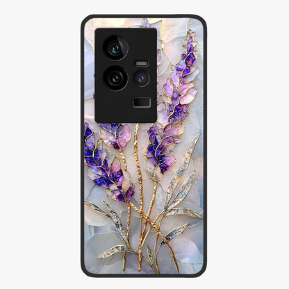 Lavender Dream Glow Glass Case showing flat back view with glowing lavender aesthetic artwork and glossy glass finish.