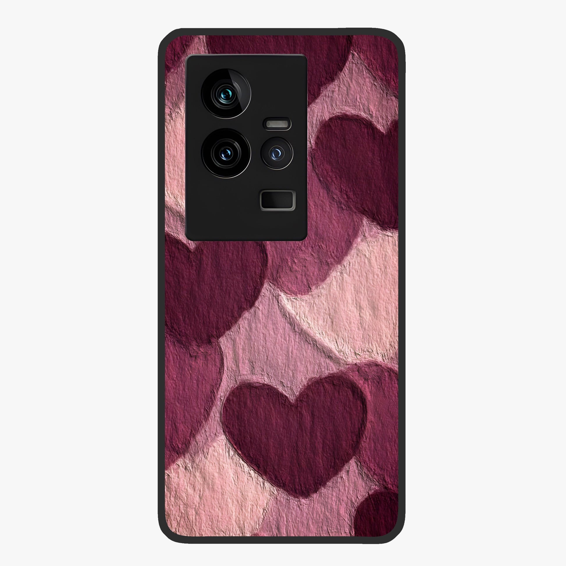 Layered Paper Hearts Glass Case showing flat back view with layered paper heart artwork and glossy glass finish.