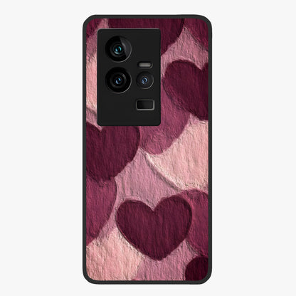 Layered Paper Hearts Glass Case showing flat back view with layered paper heart artwork and glossy glass finish.