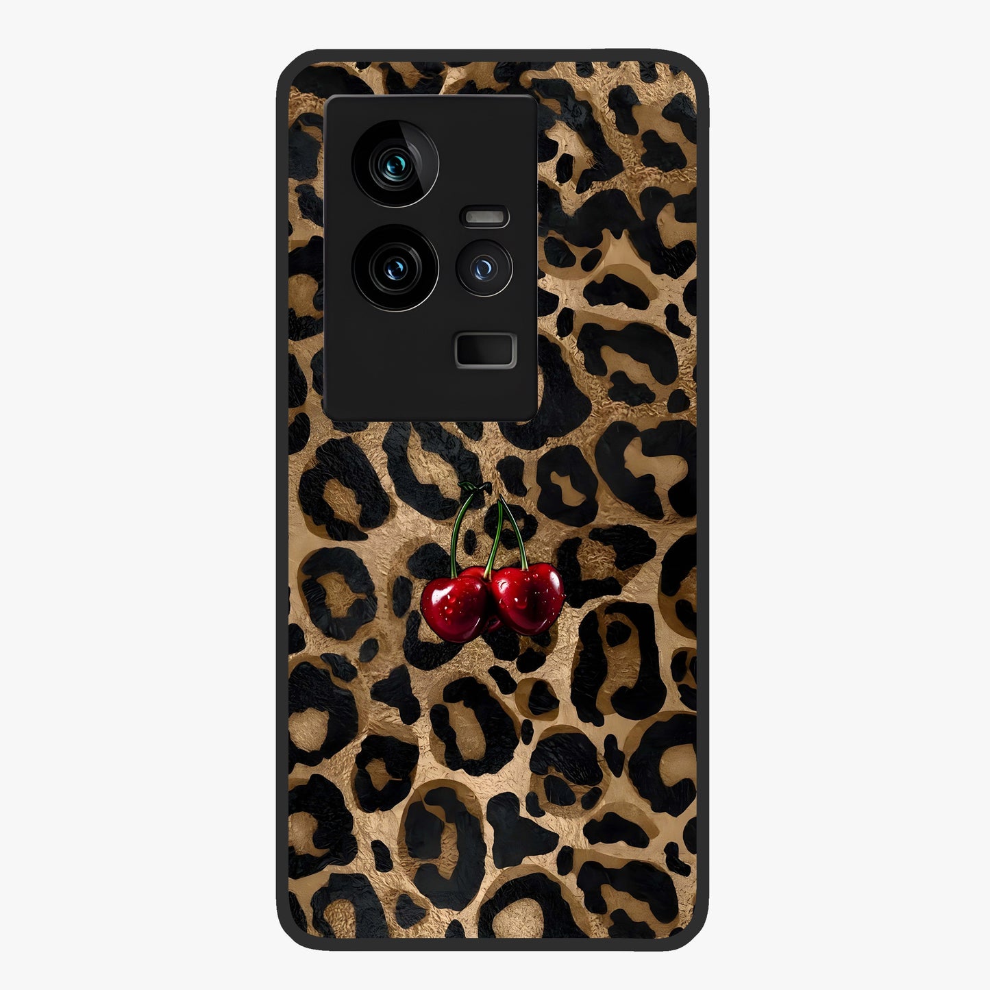 Leopard Wild Cherry Glass Case showing flat back view with leopard pattern and cherry artwork and glossy glass finish.