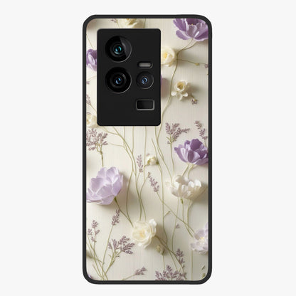 Lilac Breeze Harmony Glass Case showing flat back view with soft lilac themed artwork and glossy glass finish.