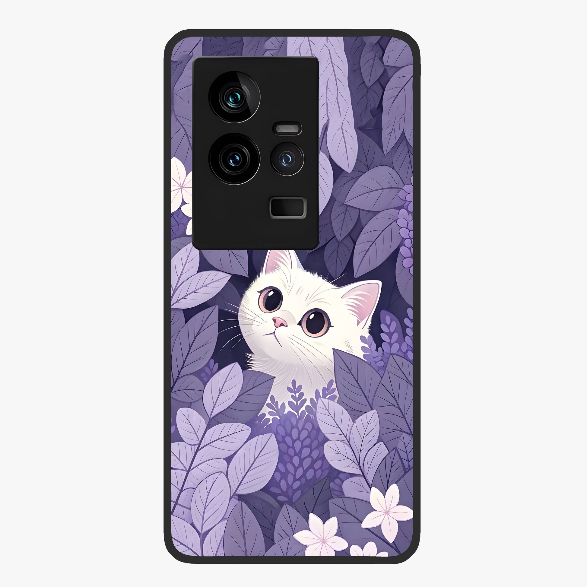 Lilac Hide Peek Cat Glass Case showing flat back view with cute peeking cat artwork and glossy glass finish.