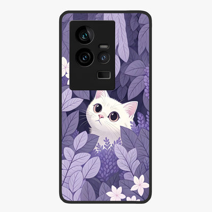 Lilac Hide Peek Cat Glass Case showing flat back view with cute peeking cat artwork and glossy glass finish.