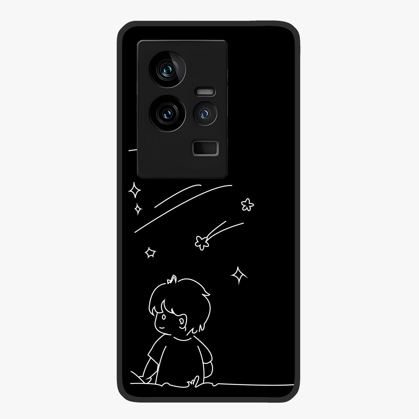 Line Art Boy With Shooting Stars Glass Case showing flat back view with minimal line art boy and shooting stars illustration and glossy glass finish.