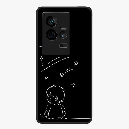 Line Art Boy With Shooting Stars Glass Case showing flat back view with minimal line art boy and shooting stars illustration and glossy glass finish.