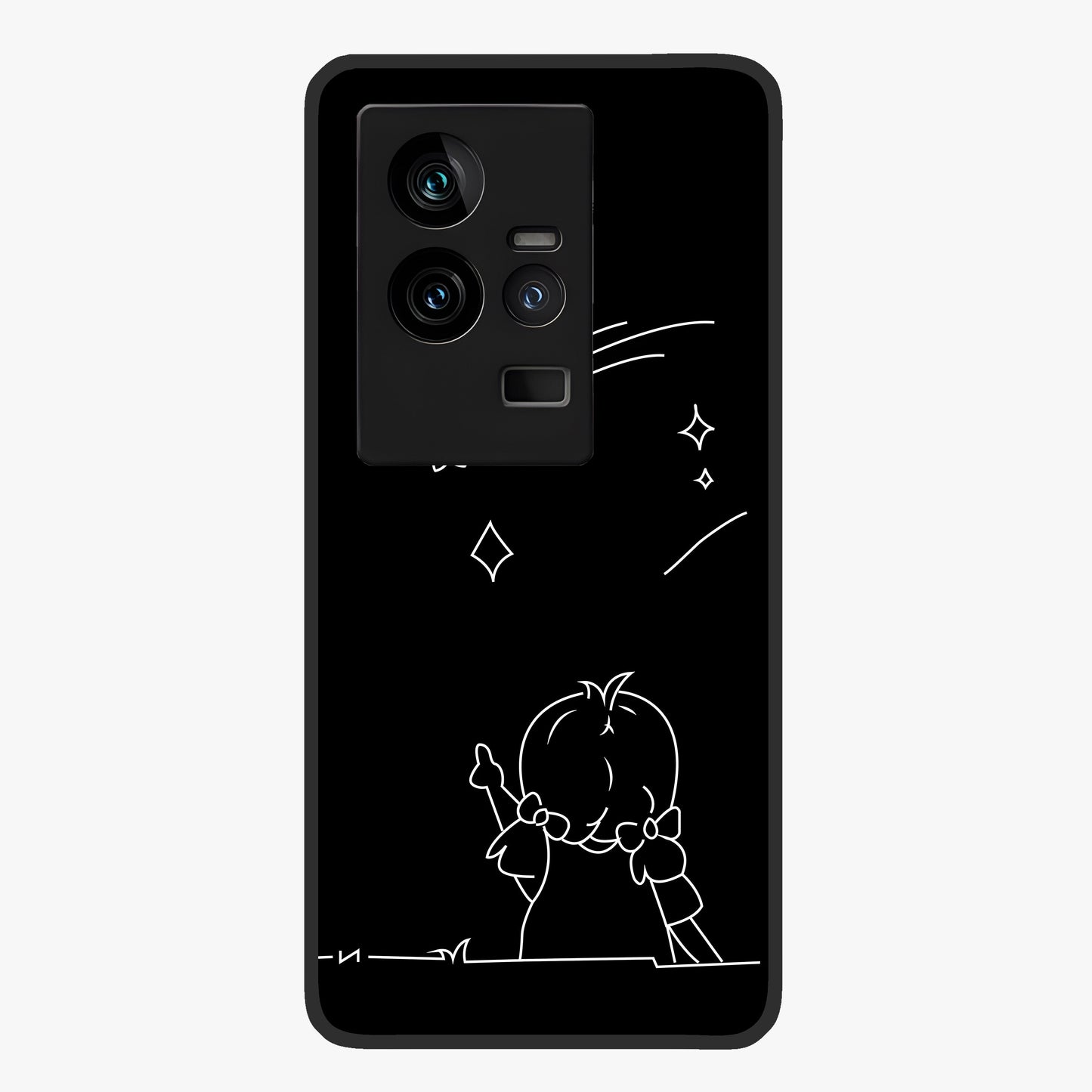 Line Art Girl With Shooting Stars Glass Case showing flat back view with minimal line art girl and shooting stars illustration and glossy glass finish.