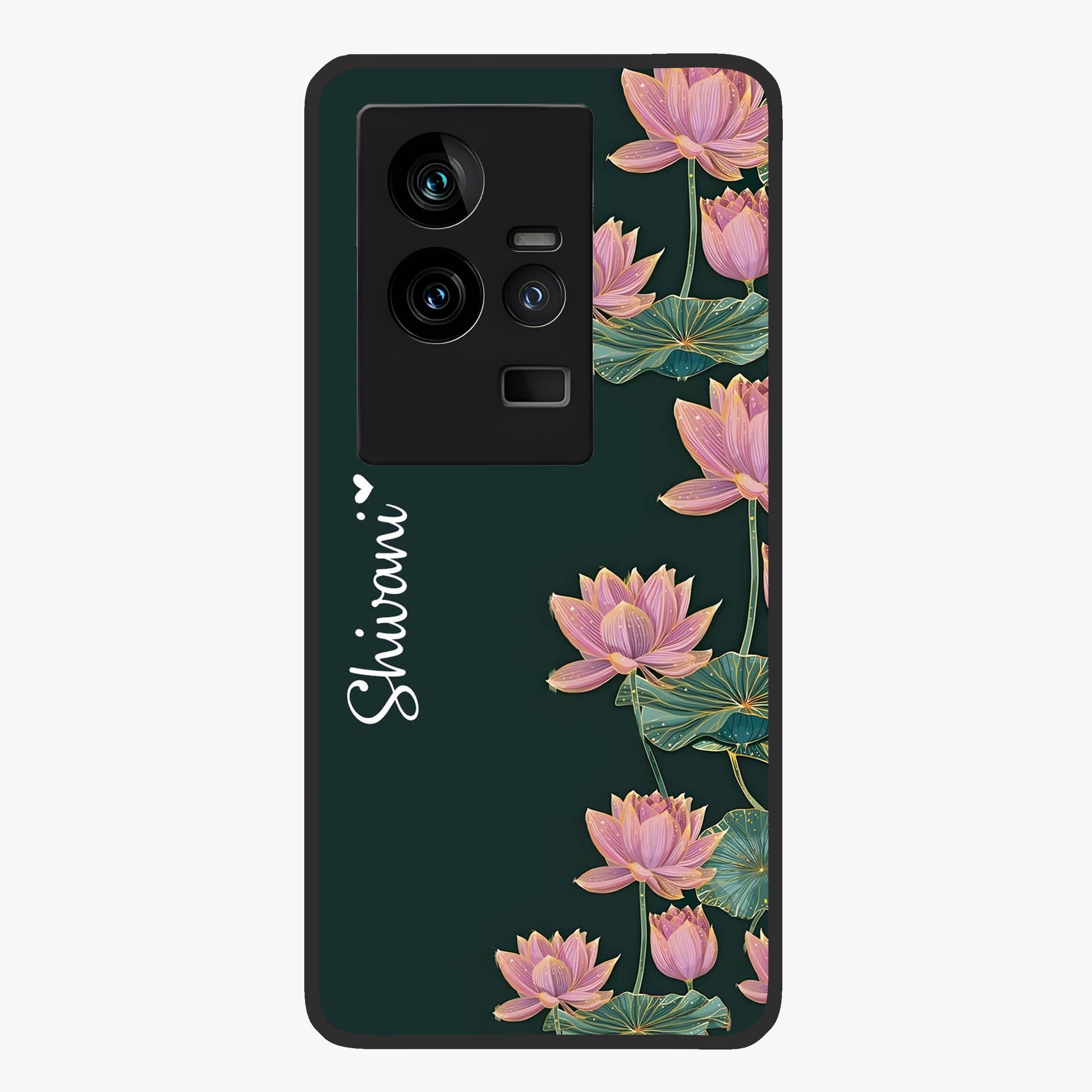Lotus Bloom Serenity Custom Name Glass Case showing flat back view with elegant lotus flower artwork and personalized name design.