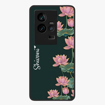 Lotus Bloom Serenity Custom Name Glass Case showing flat back view with elegant lotus flower artwork and personalized name design.