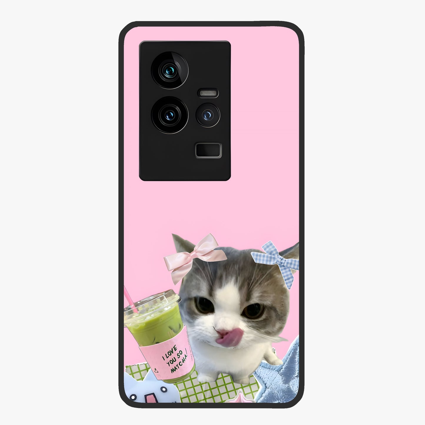 Love Matcha Cat Glass Case showing flat back view with cute cat and matcha themed artwork and glossy glass finish.