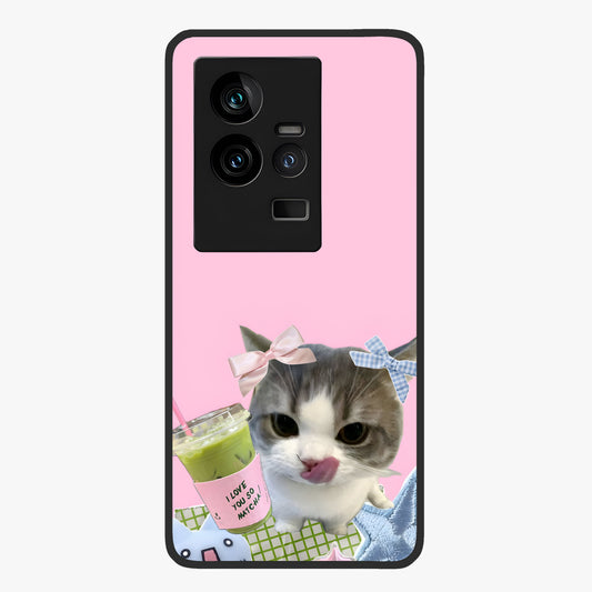 Love Matcha Cat Glass Case showing flat back view with cute cat and matcha themed artwork and glossy glass finish.