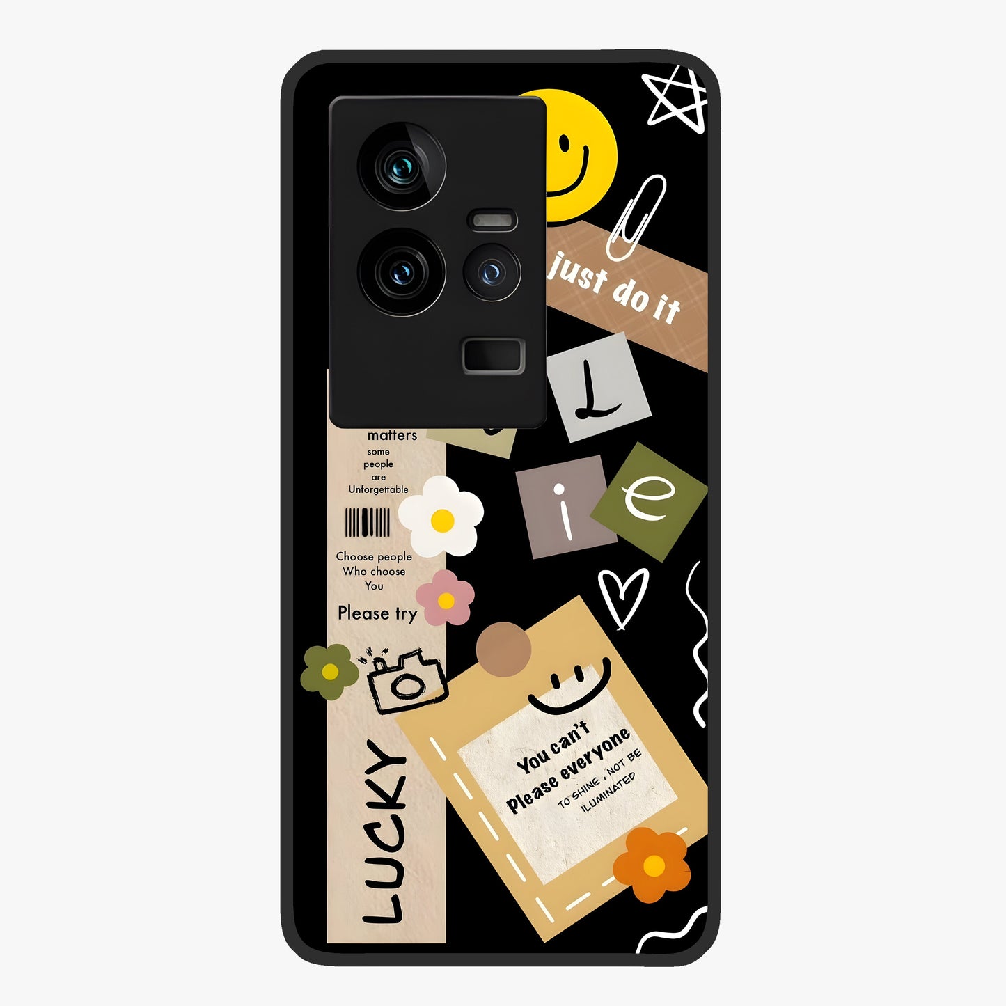Lucky Aesthetic Collage Glass Case showing flat back view with trendy aesthetic collage artwork and glossy glass finish.